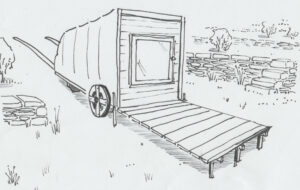 Cabane de berger "restylée" : grande cabane sur roues en bois, brancard en bois, grande ouverture en verre donnant sur une terrasse, mur en feutre
