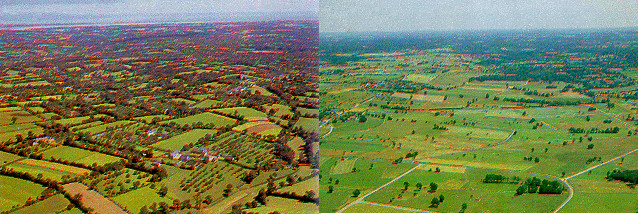 Vues aériennes d'un paysage bocager et d'un paysage où les haies ont été arrachées. La trame verte et bleue est rompue dans ce dernier cas.