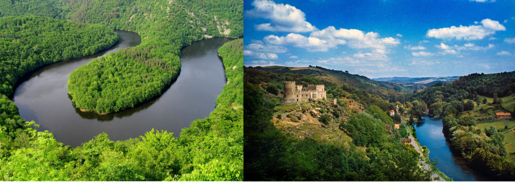 Un méandre de la Sioule, entouré de forêt, château surplombant la rivière.