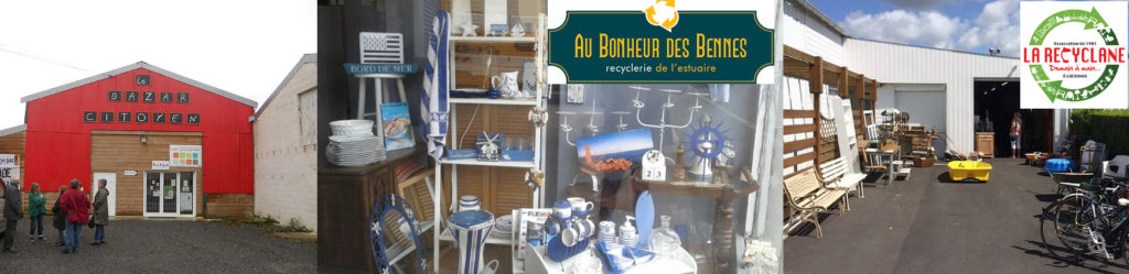 Vue extérieur du Bazar Citoyen (Savenay), vue d'une vitrine réalisée avec des objets évoquant la mer (blanc et bleu) au Bonheur des Bennes (Saint-Nazaire), vue extérieur de La Recyclane (Guérande). Exemple d'économie circulaire locale