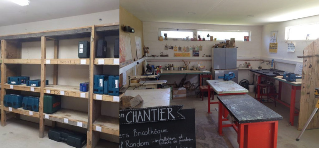 Économie collaborative : étagères de bricothèque avec outils électroportatifs et vue d'un atelier