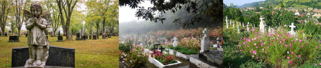 Écologie au cimetière à travers le monde : cimetière parc au Canada (tombes sous des arbres), cimetières envahies de fleurs et de plantes en Roumanie et à la Réunion
