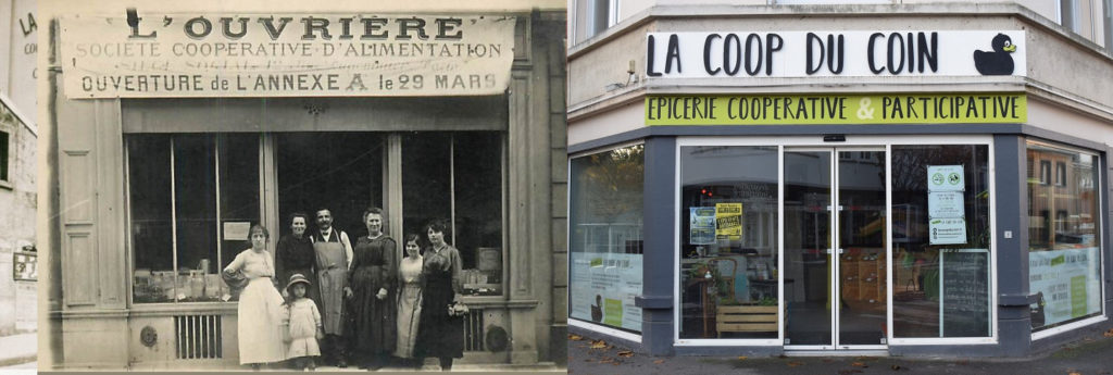 Une épicerie ouvrière 19ème siècle, photo en noir et blanc, ouvriers posant devant (à gauche), à droite : façade et vitrine contemporaine.