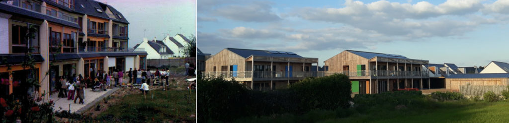 Bâtiment des années 80 (à gauche), bâtiment en bois (à droite), larges baies vitrées.