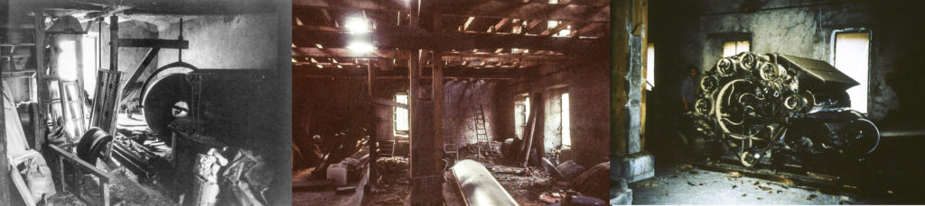 Photographie de la filature ardéchoise avant rénovation : vues intérieures, machines en mauvais état, trous dans la toiture, pièces désaffectées