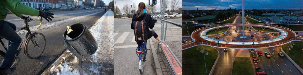 Aménagement pour inciter au déplacement à vélo : cycliste lançant des déchets en roulant dans une poubelle penchée, jeune femme vue de dos arrêtée à un feux et posant son pied sur un repose-pied (évite de descendre de la selle), rond-point à l'architecture contemporaine pour cyclistes