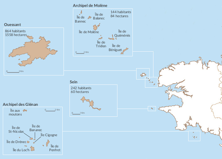 Carte des îles bretonnes. Du haut en bas : archipel de Molème, île d'Ouessant (face à la pointe St-Mathieu) ; île de Sein (face à la pointe du Raz) ; archipel des Glénan (au sud de la baie de Concarneau)