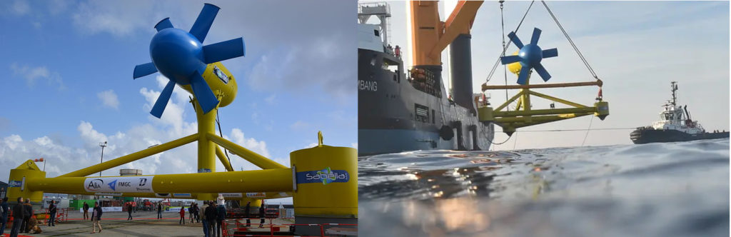 Une source d'énergie renouvelable originale permettant la lutte contre le changement climatique sur l'île d'Ouessant : l'hydrolienne Sabella. Image de droite : l'hydrolienne mise à l'eau par un bateau avec une grue.