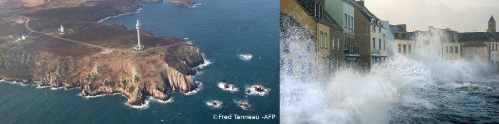 Deux photographies illustrant le changement climatique et la montée des eaux sur les îles bretonnes : à gauche, photo aérienne de l'île d'Ouessant, avec ses falaises, à droite, photo du port de l'île de Sein, à fleur d'eau, submergé par les vagues