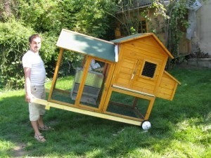 Poulailler mobile en bois d'environ 2 m², sur roues, transportable comme une brouette grâce à deux poignées. Le poulailler se compose d'une partie "maison" et d'une partie "extérieure" en grillage.