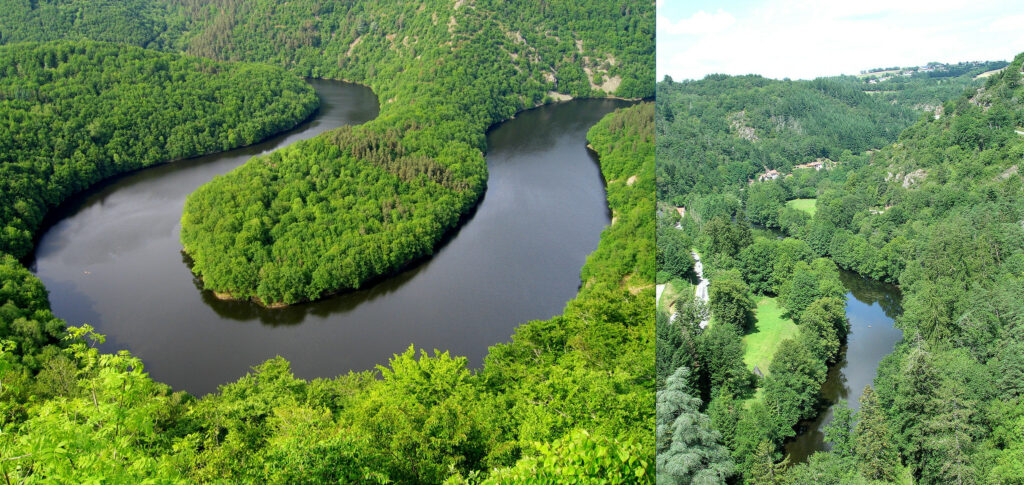 Photographie de gauche : un méandre de la Sioule, rivière entourée de forêt. Photographie de droite : rivière encaissée, coteaux abruptes avec rochers et arbres, collines avec forêt dans le lointain. Département de l'allier