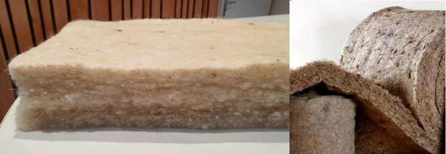 Vue de panneaux isolant semi-rigides en laine de mouton: une solution pour utiliser les petites quantités de laine issus de nos moutons d'Ouessant ? 